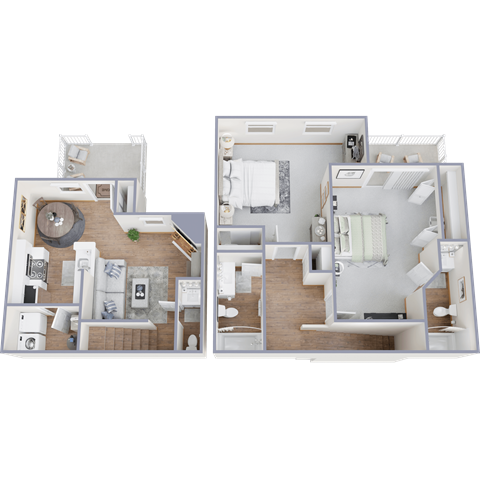 A floor plan of a two-bedroom apartment with a kitchen and living room.